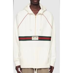 Men's Gucci cotton half zip hoodie signature green/red web trim gold size XXL